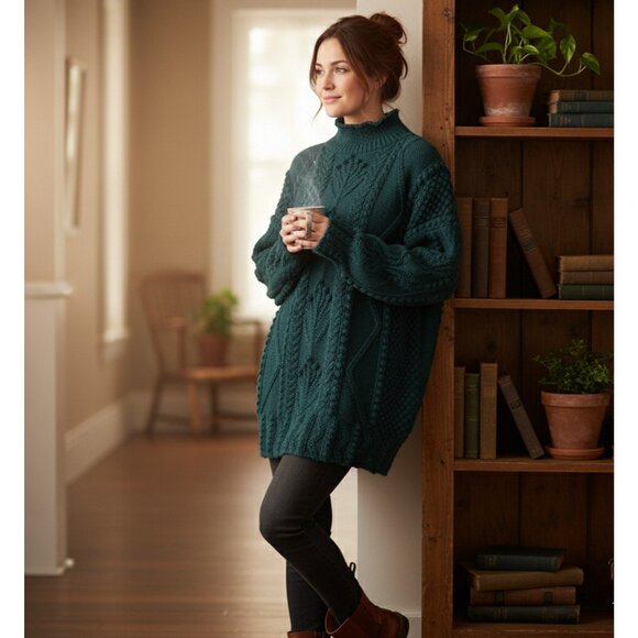 Vintage Mary O'Flaherty Handknitted Aran Wool Turtleneck Tunic Sweater Green XL - Picture 1 of 4